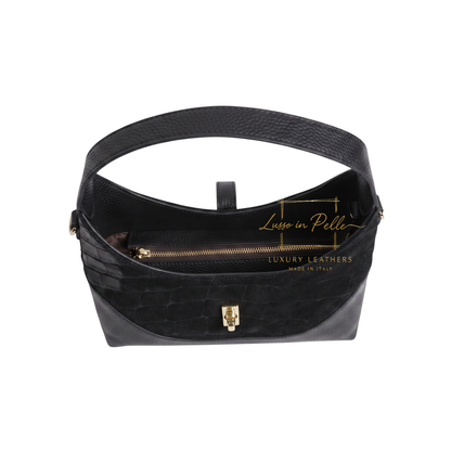 Genuine Suede & Leather Shoulder Bag with Croc Embossed Detail