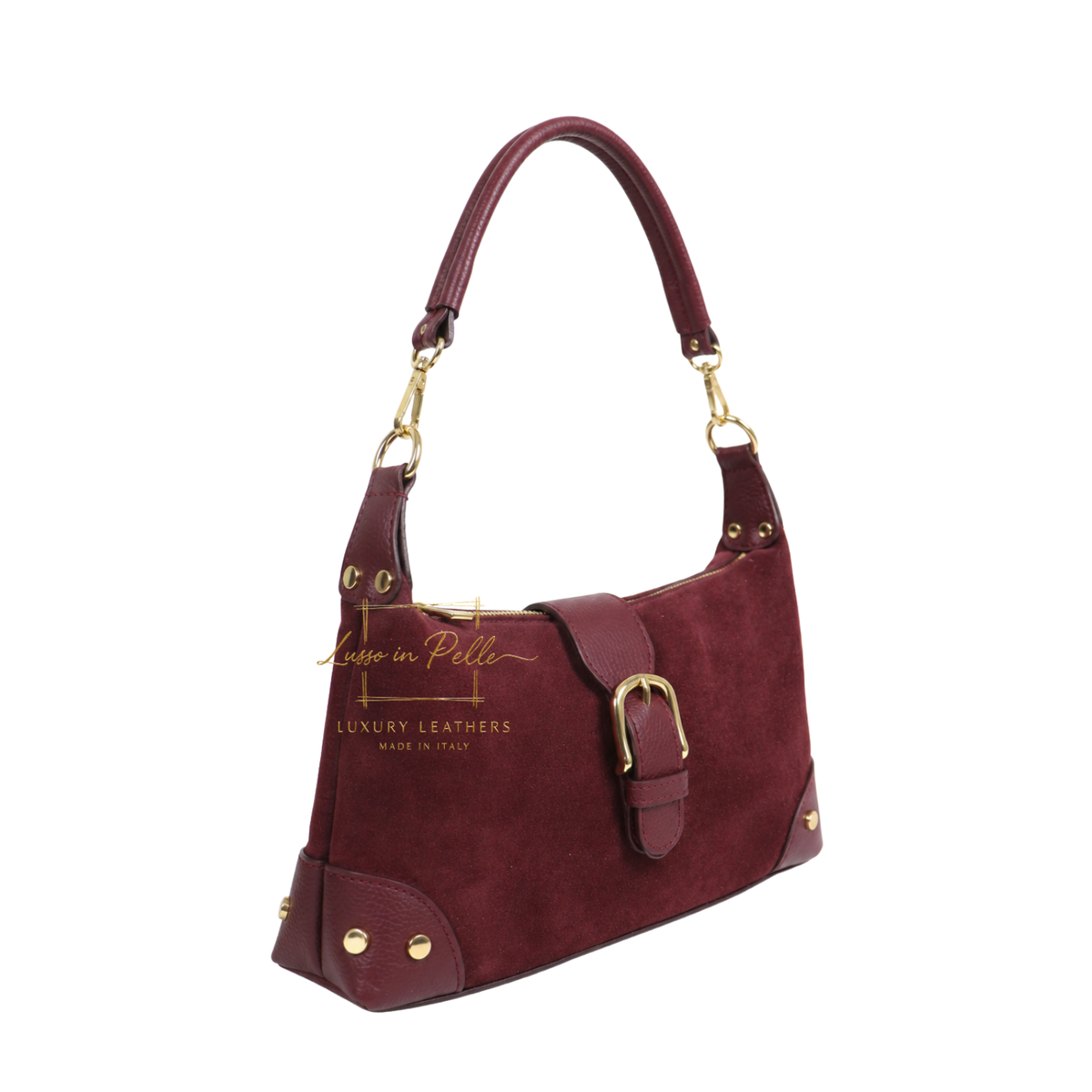 Genuine Suede & Leather Shoulder Bag with Buckle Detail