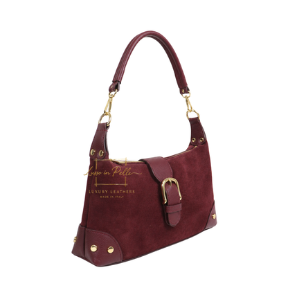Genuine Suede & Leather Shoulder Bag with Buckle Detail