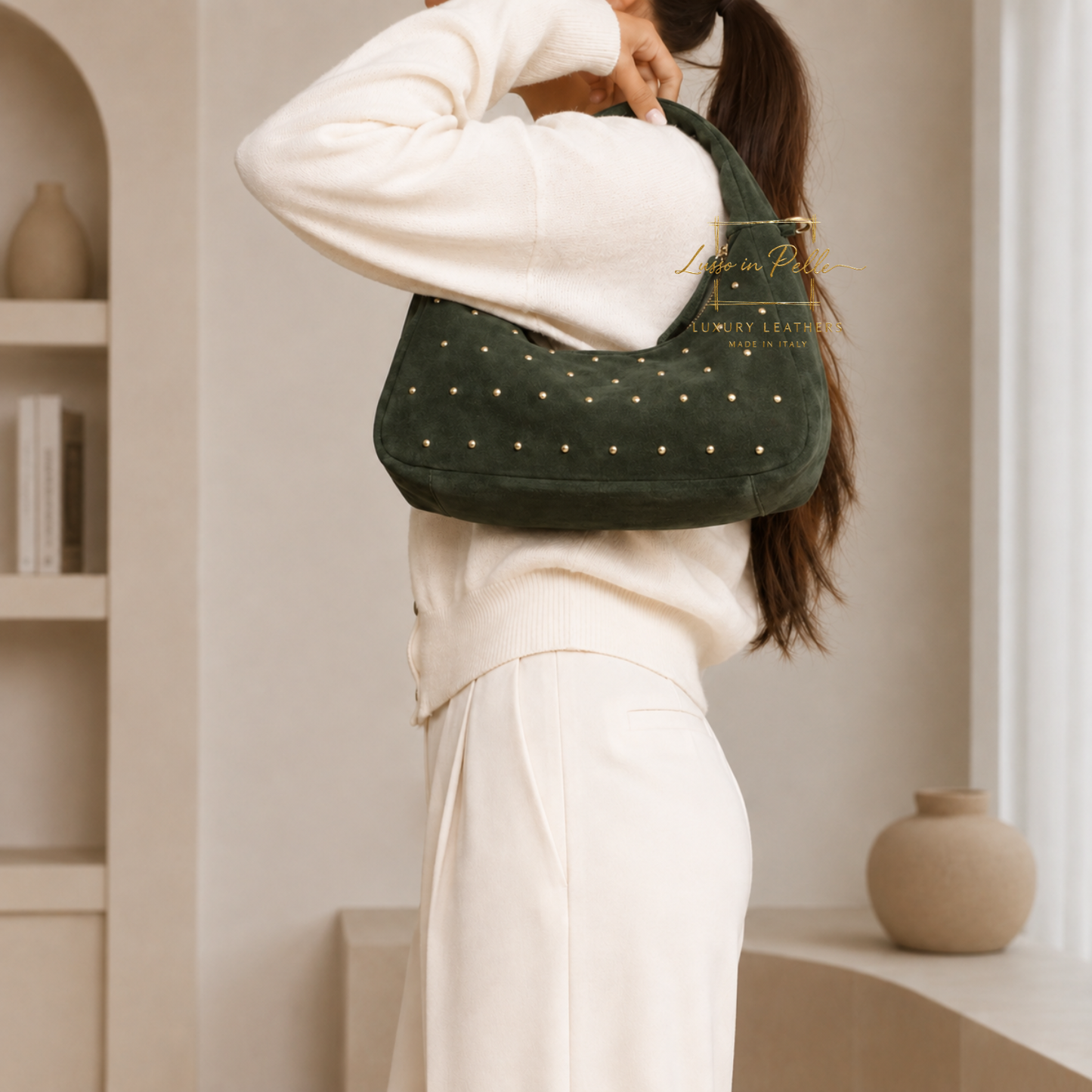 Soft Genuine Suede Shoulder Bag with Gold Stud Detail