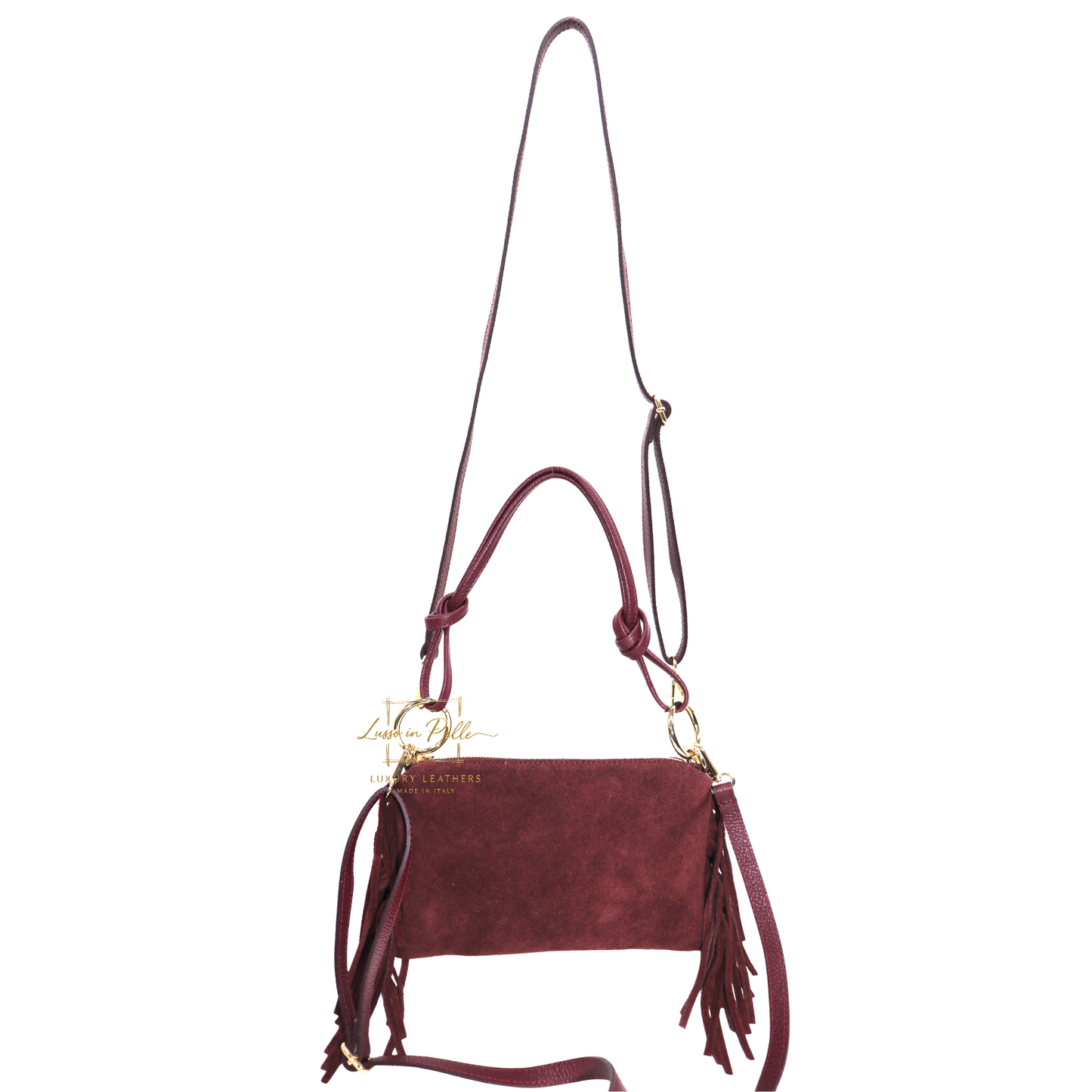 Small Italian Suede Fringe Bag with Shoulder and Crossbody Straps: Handmade Genuine Cowhide Suede Flat Purse