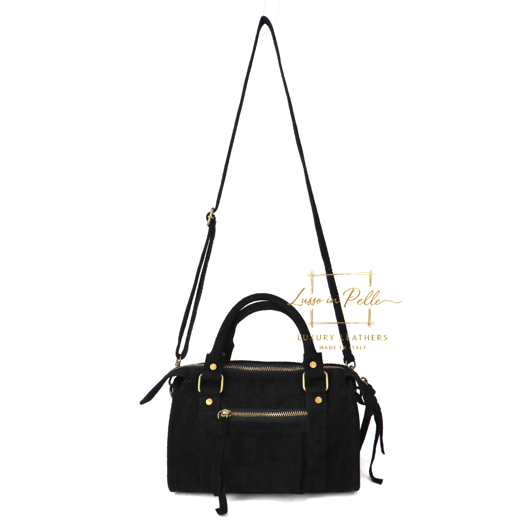 Small Suede Top Handle Crossbody Bag – Soft Genuine Leather Handbag with Detachable Strap