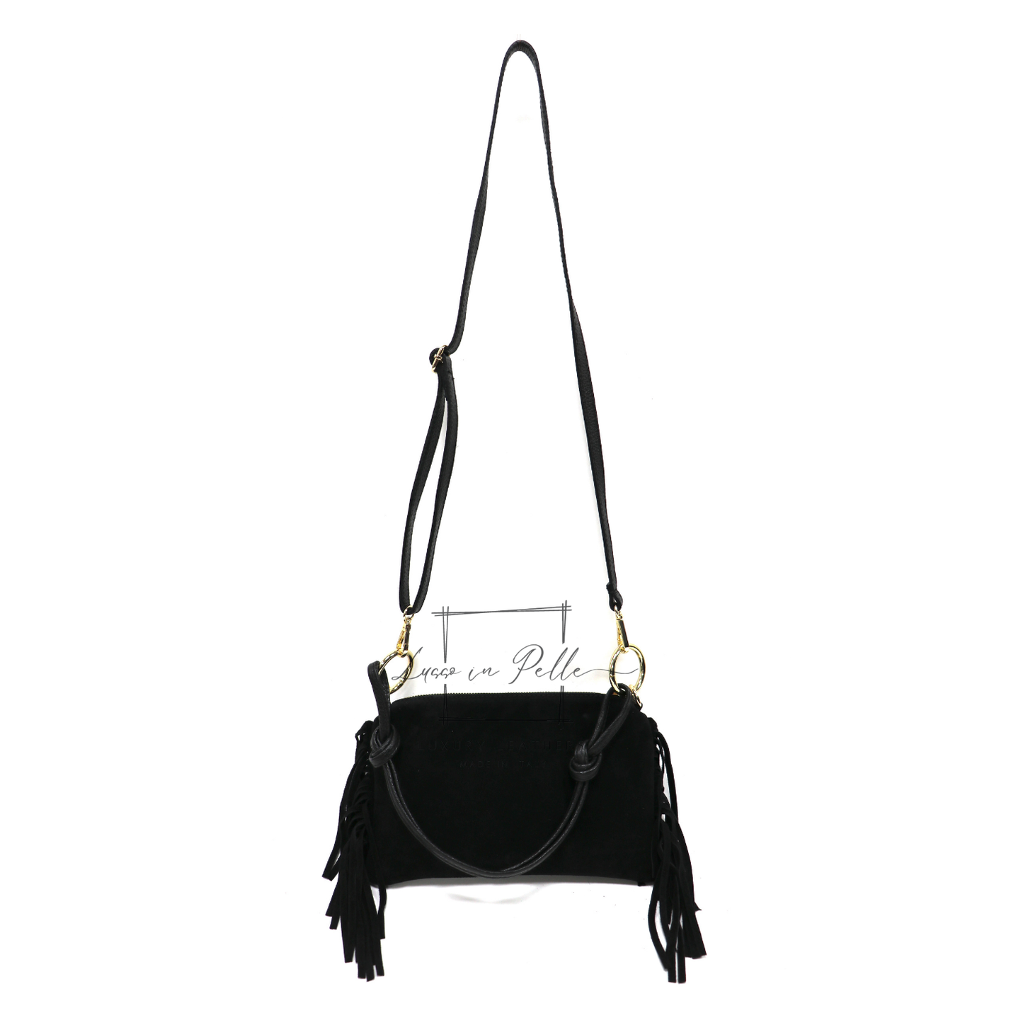 Small Italian Suede Fringe Bag with Shoulder and Crossbody Straps: Handmade Genuine Cowhide Suede Flat Purse