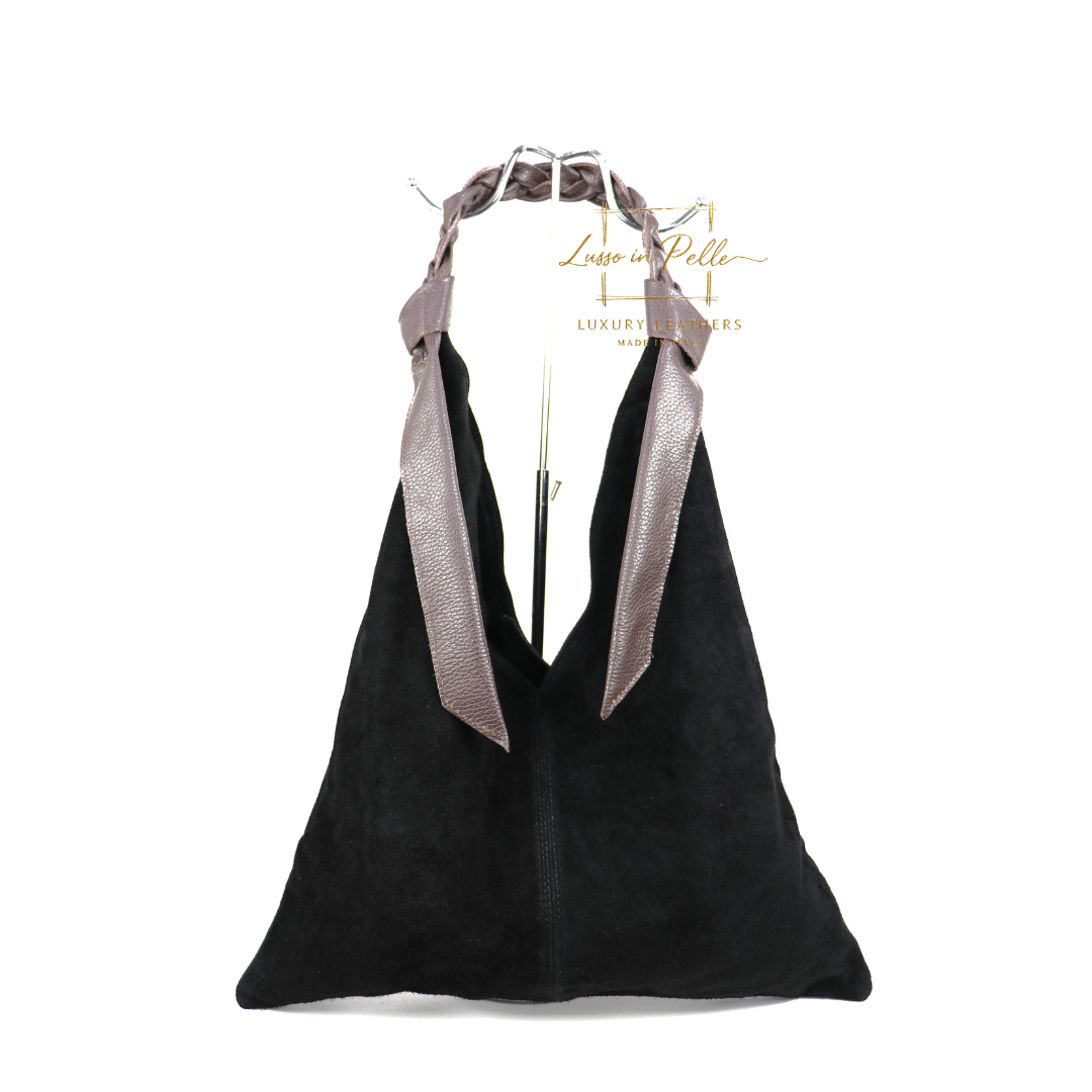 Suede Hobo Bag with Braided Leather Strap