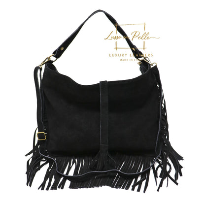 Large Suede Fringe Bag with Shoulder and Crossbody Straps: Handmade Genuine Italian Cowhide Suede Purse