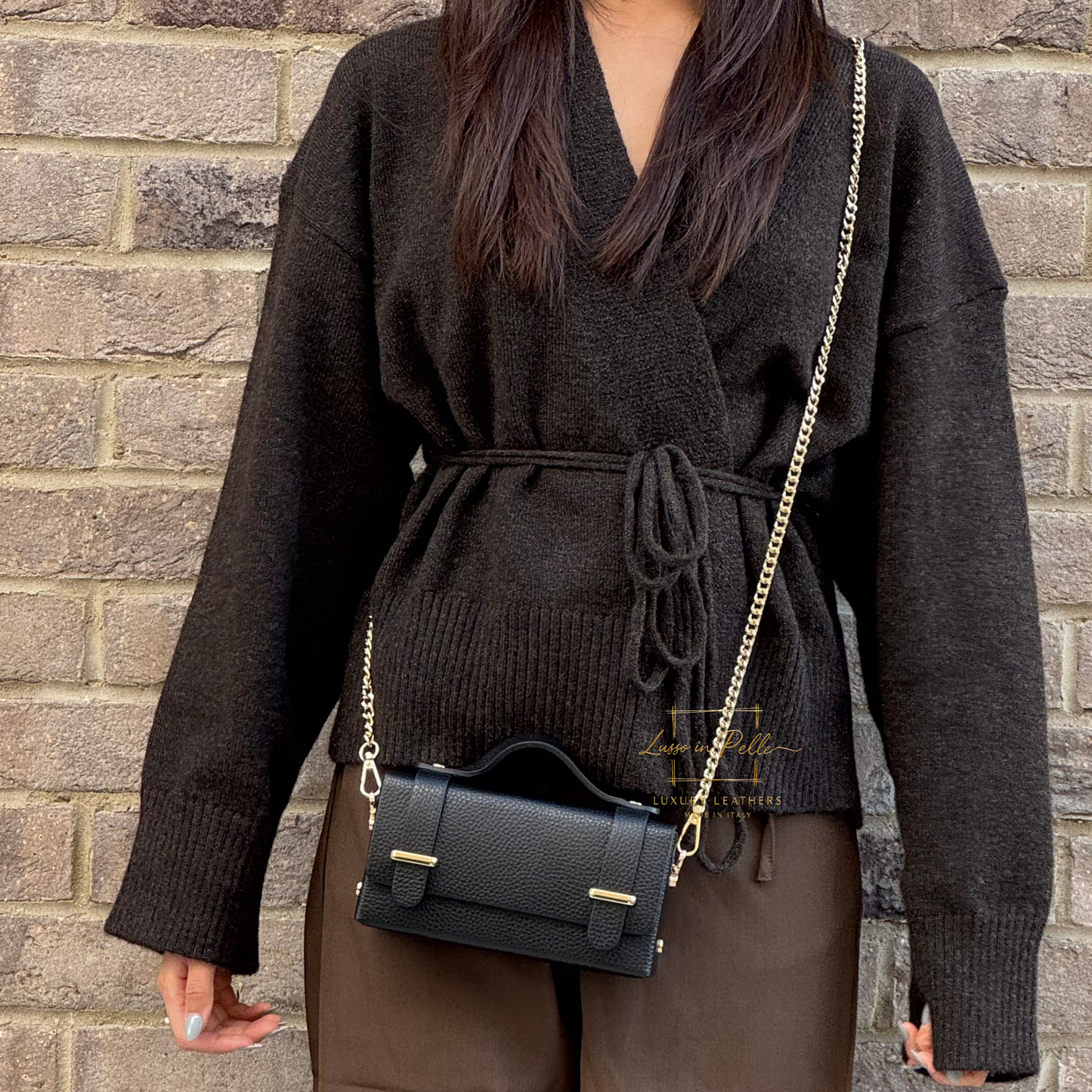 Small Genuine Leather Satchel Bag with Top Handle and Chain Straps
