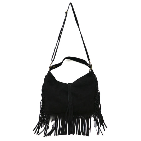 Large Suede Fringe Bag with Shoulder and Crossbody Straps: Handmade Genuine Italian Cowhide Suede Purse