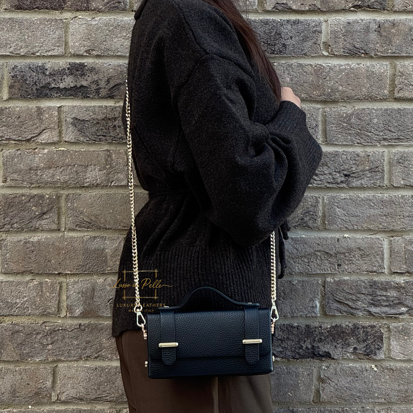 Small Genuine Leather Satchel Bag with Top Handle and Chain Straps