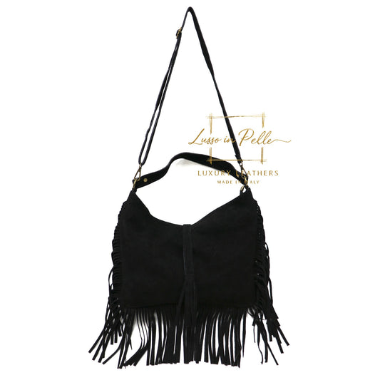 Large Suede Fringe Bag with Shoulder and Crossbody Straps: Handmade Genuine Italian Cowhide Suede Purse