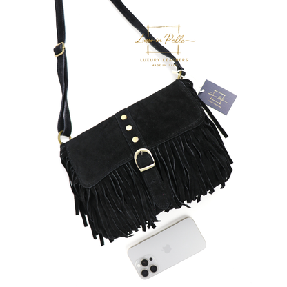 Fringe Suede Crossbody Bag with Adjustable Straps