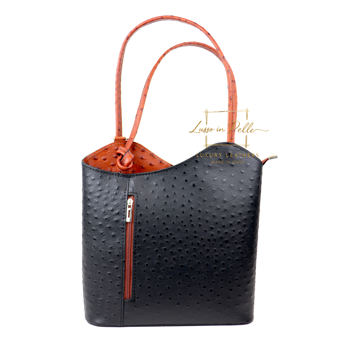 Ostrich Italian Leather Convertible Shoulder Bag Backpack