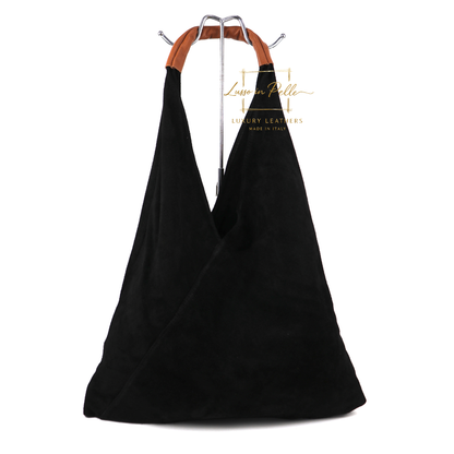 Milano Italian Suede Slouch Hobo Bag with Tan Leather Handle