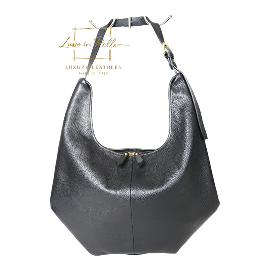 Black minimalist genuine pebbled leather hobo shoulder bag with adjustable strap – made in Italy luxury handbag, durable, high quality, cheap luxury and non-brand silent luxurious bag.