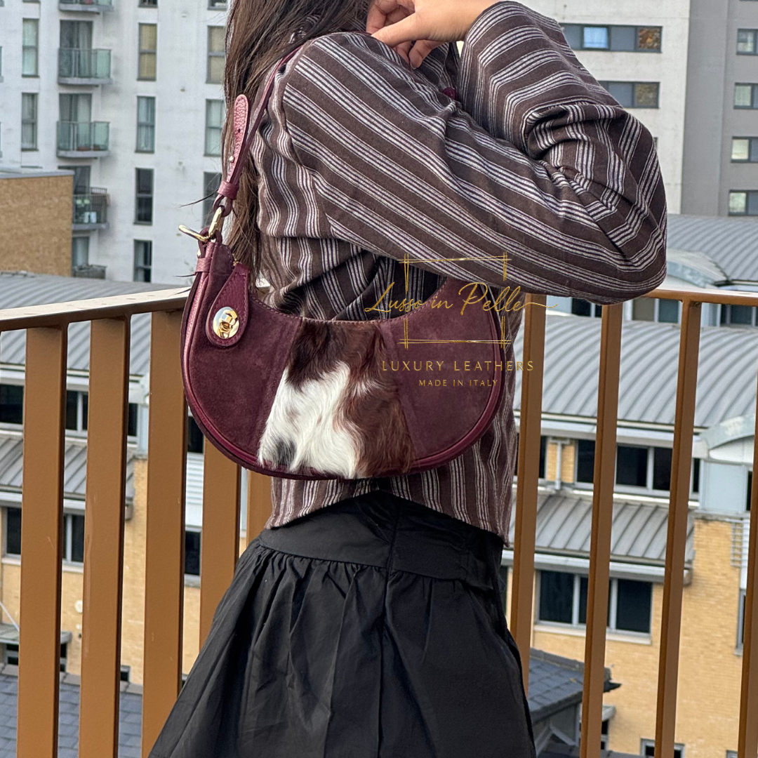 Small Half Moon Genuine Grain Leather Bag with Suede Front & Pony Hair Detail