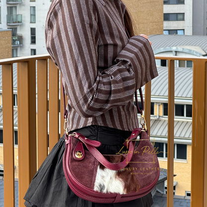 Small Half Moon Genuine Grain Leather Bag with Suede Front & Pony Hair Detail