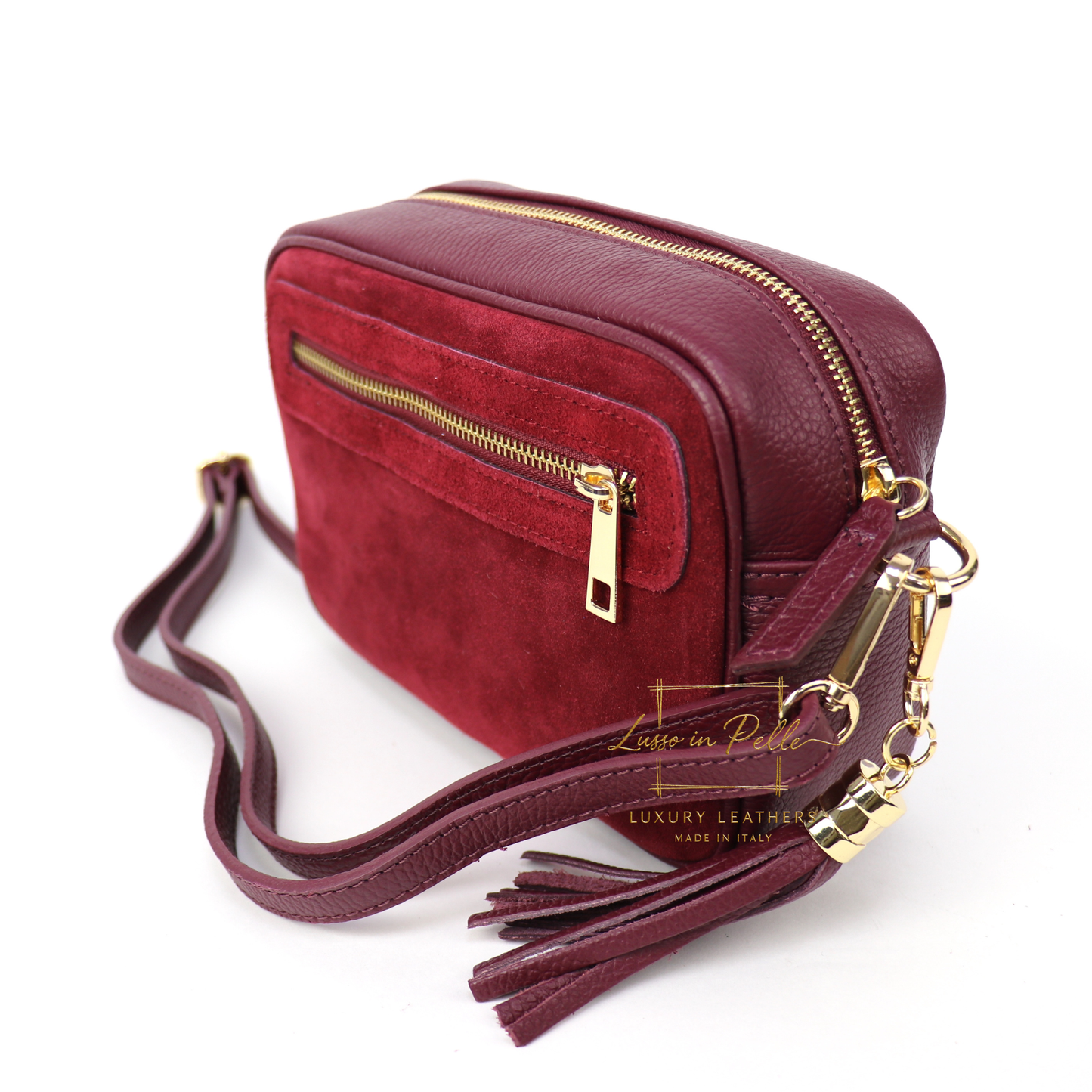 Suede Front Pebbled Leather Box Bag With Detachable/Adjustable Straps and Gold Hardware