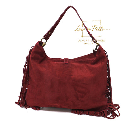 Large Suede Fringe Bag with Shoulder and Crossbody Straps: Handmade Genuine Italian Cowhide Suede Purse