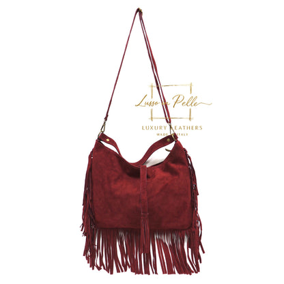 Large Suede Fringe Bag with Shoulder and Crossbody Straps: Handmade Genuine Italian Cowhide Suede Purse