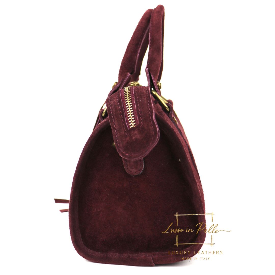 Small Suede Top Handle Crossbody Bag – Soft Genuine Leather Handbag with Detachable Strap