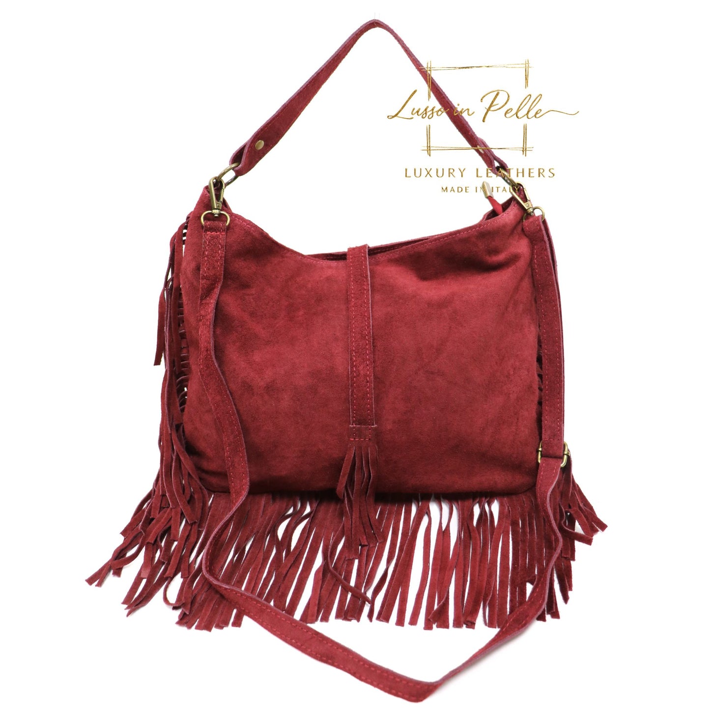 Large Suede Fringe Bag with Shoulder and Crossbody Straps: Handmade Genuine Italian Cowhide Suede Purse