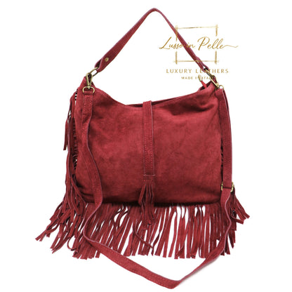 Large Suede Fringe Bag with Shoulder and Crossbody Straps: Handmade Genuine Italian Cowhide Suede Purse