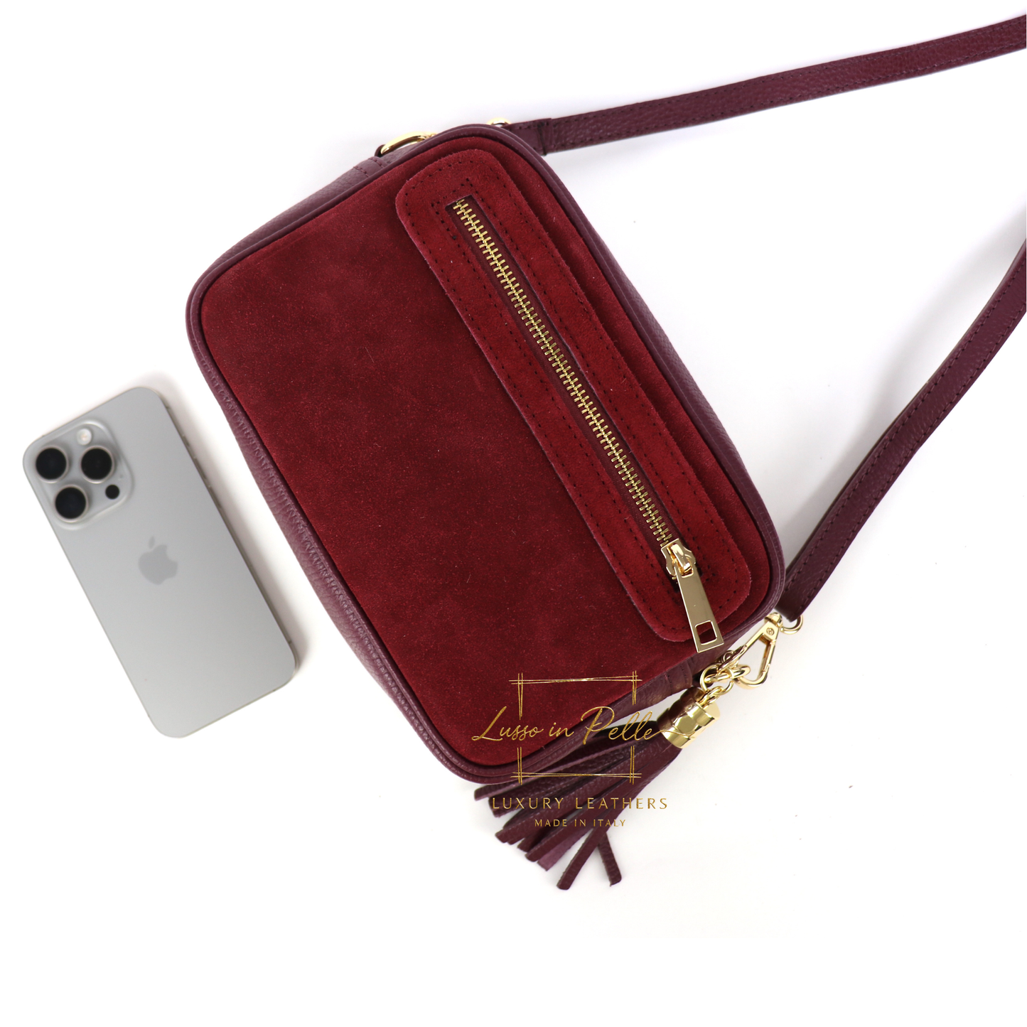 Suede Front Pebbled Leather Box Bag With Detachable/Adjustable Straps and Gold Hardware