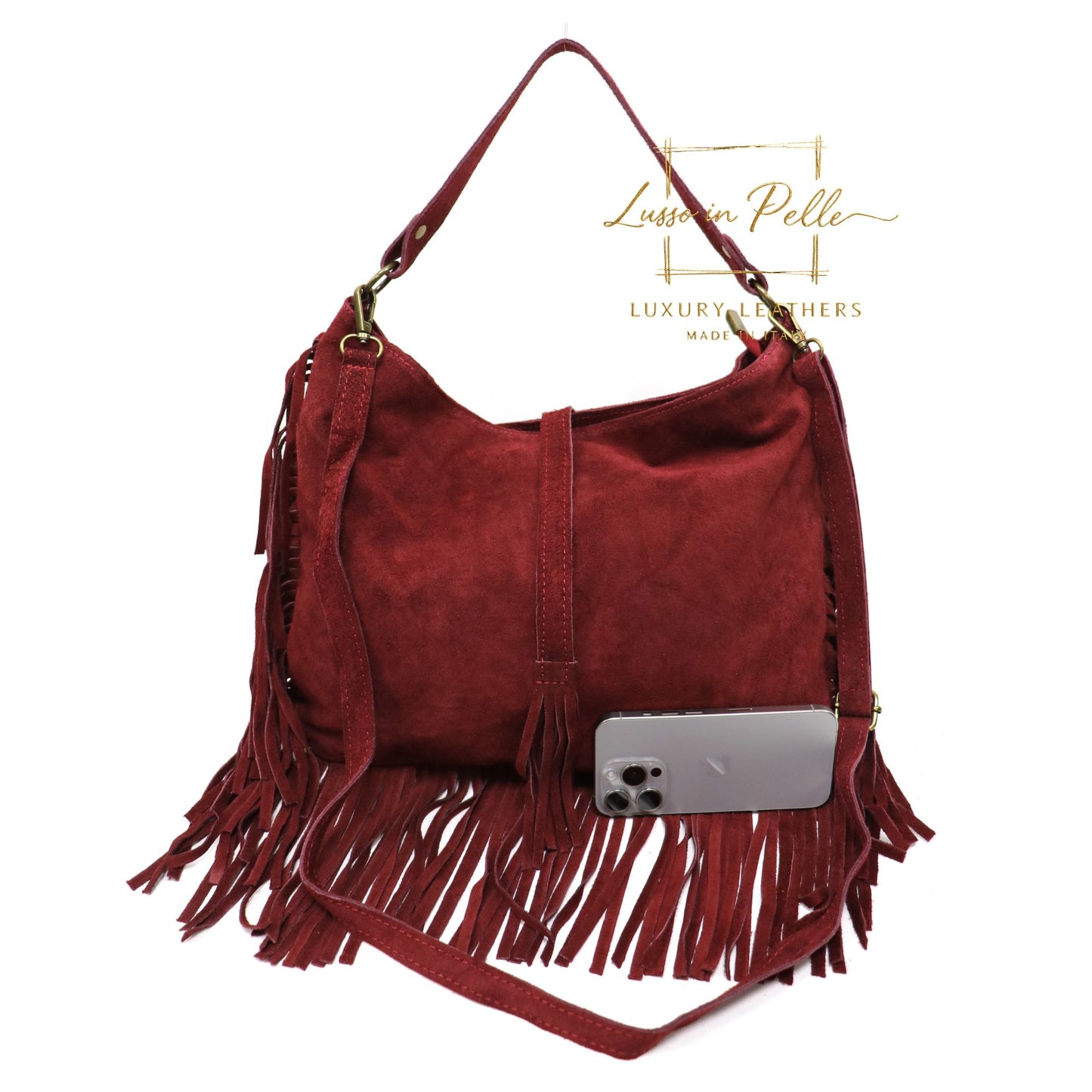 Large Suede Fringe Bag with Shoulder and Crossbody Straps: Handmade Genuine Italian Cowhide Suede Purse
