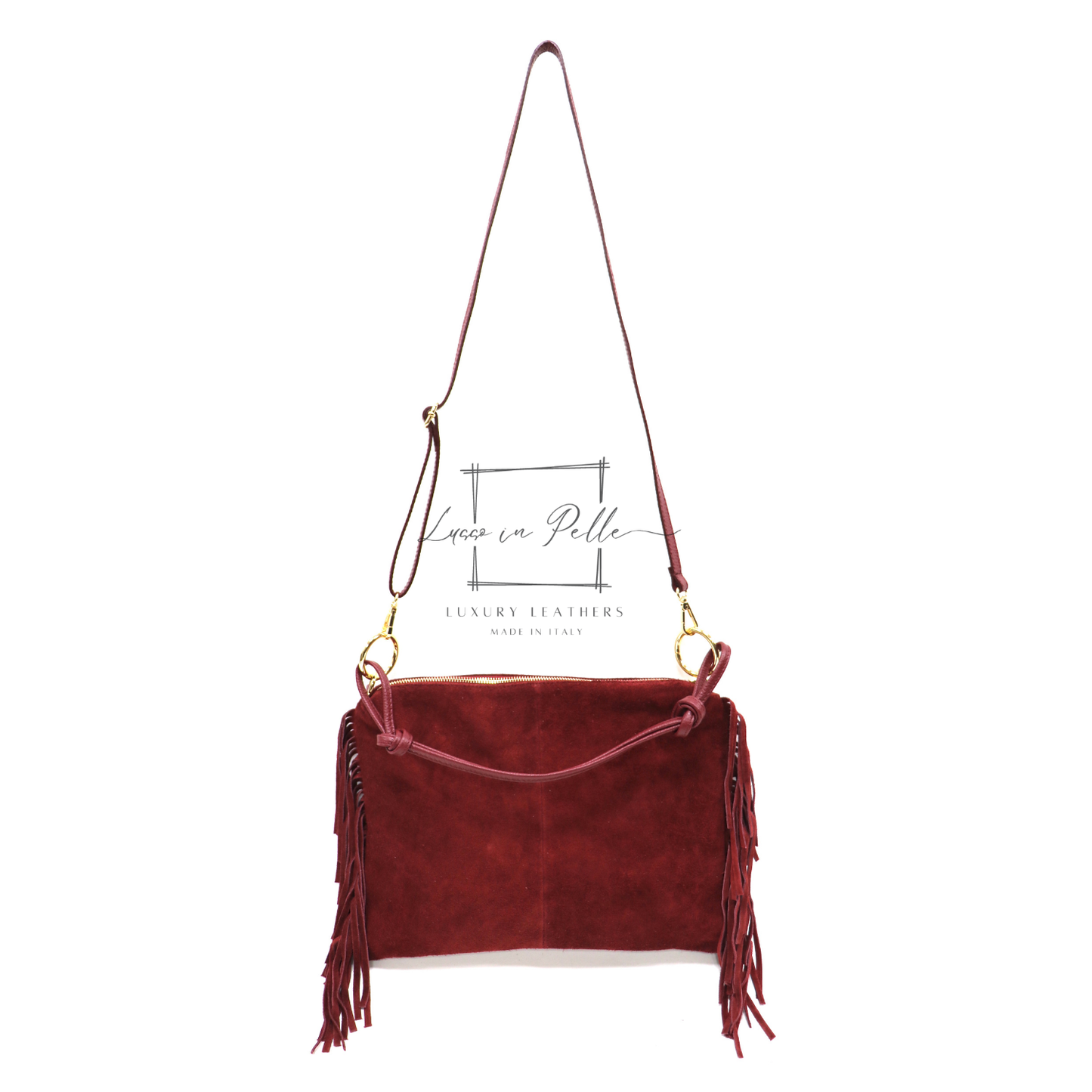 Medium Italian Suede Fringe Bag with Shoulder and Crossbody Straps: Handmade Genuine Cowhide Suede Flat Purse