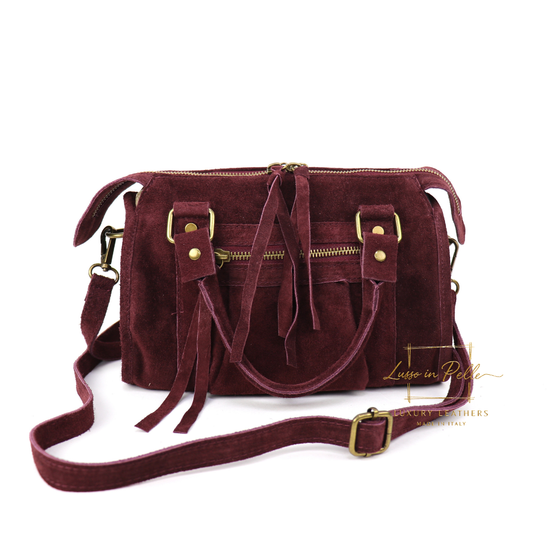 Small Suede Top Handle Crossbody Bag – Soft Genuine Leather Handbag with Detachable Strap