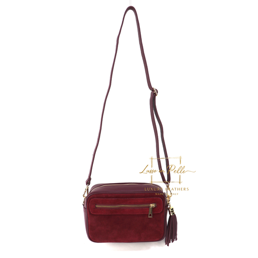 Suede Front Pebbled Leather Box Bag With Detachable/Adjustable Straps and Gold Hardware