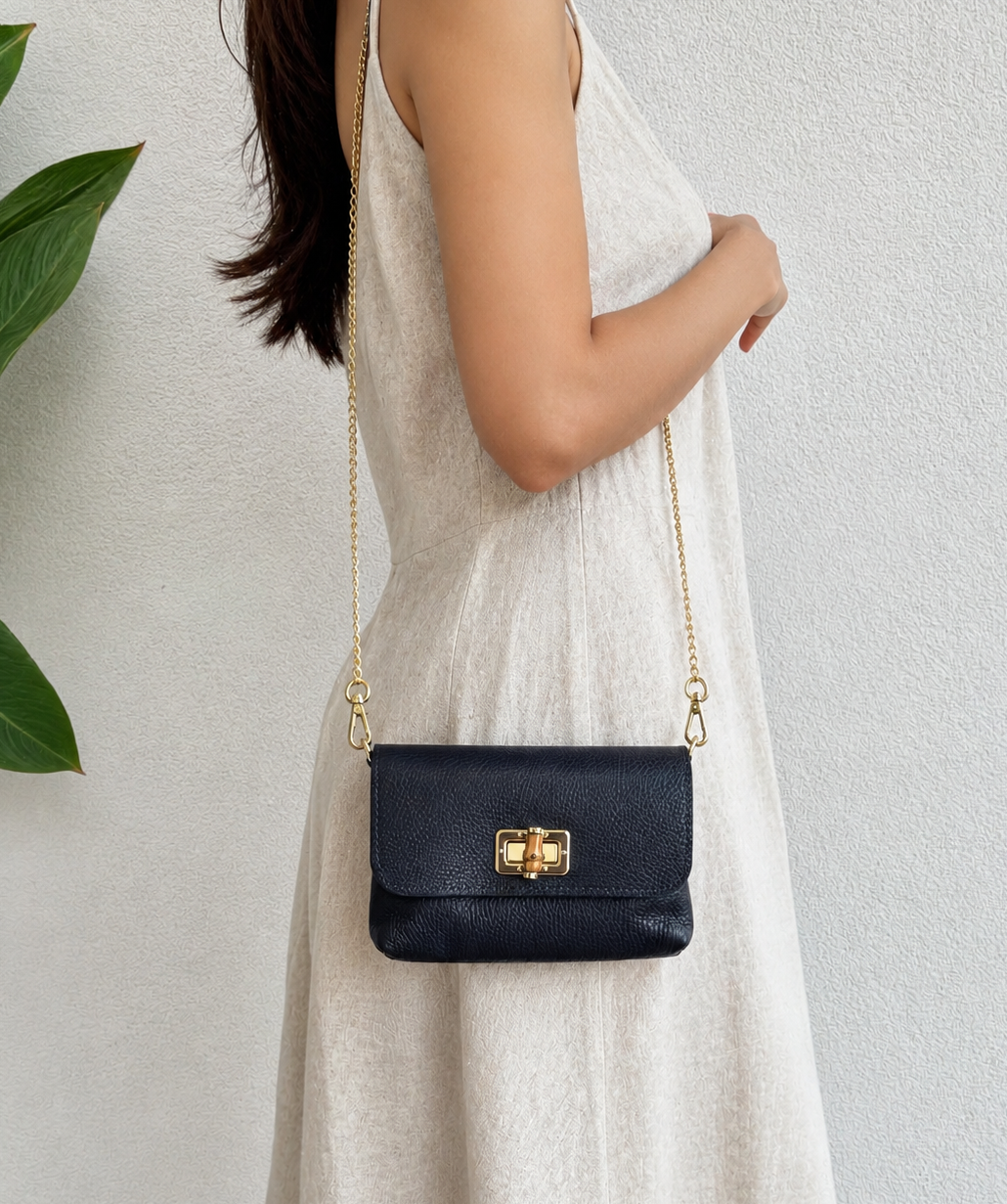 Small Pebbled Leather Clutch/Shoulder/Crossbody Bag with Bamboo-Style Clasp