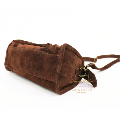 Small Suede Top Handle Crossbody Bag – Soft Genuine Leather Handbag with Detachable Strap