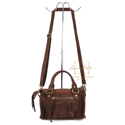 Small Suede Top Handle Crossbody Bag – Soft Genuine Leather Handbag with Detachable Strap