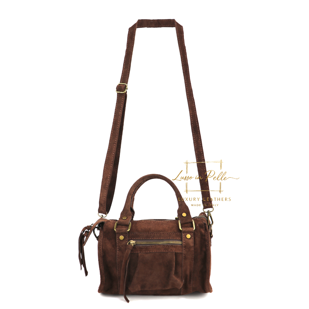 Small Suede Top Handle Crossbody Bag – Soft Genuine Leather Handbag with Detachable Strap