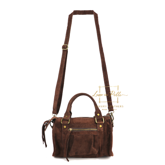 Small Suede Top Handle Crossbody Bag – Soft Genuine Leather Handbag with Detachable Strap