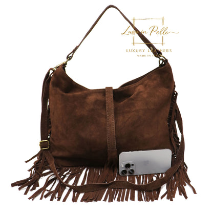 Large Suede Fringe Bag with Shoulder and Crossbody Straps: Handmade Genuine Italian Cowhide Suede Purse