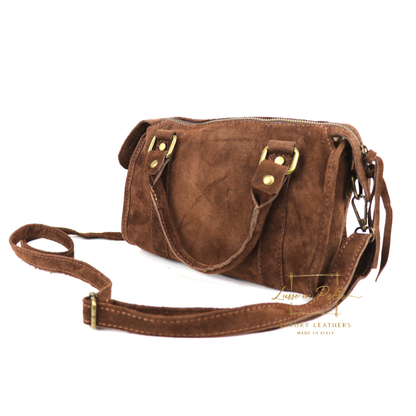 Small Suede Top Handle Crossbody Bag – Soft Genuine Leather Handbag with Detachable Strap