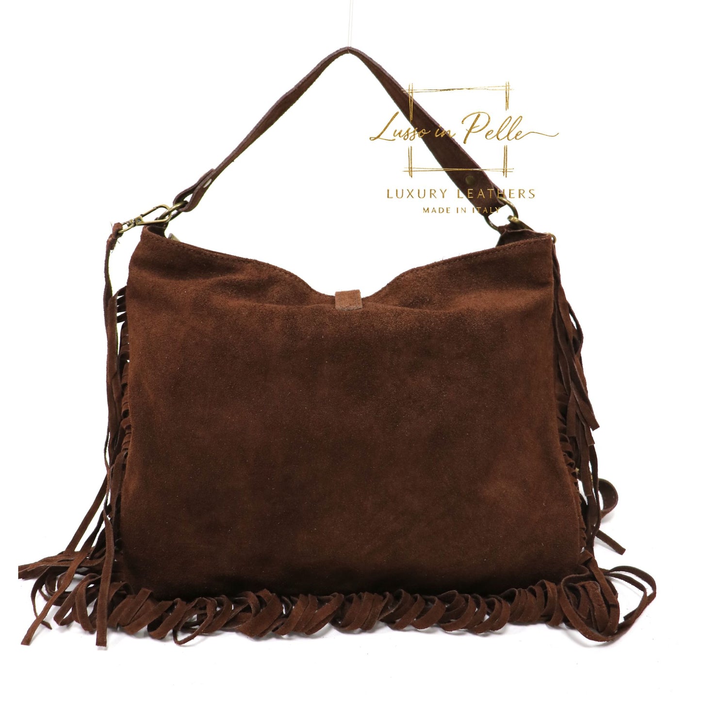Large Suede Fringe Bag with Shoulder and Crossbody Straps: Handmade Genuine Italian Cowhide Suede Purse