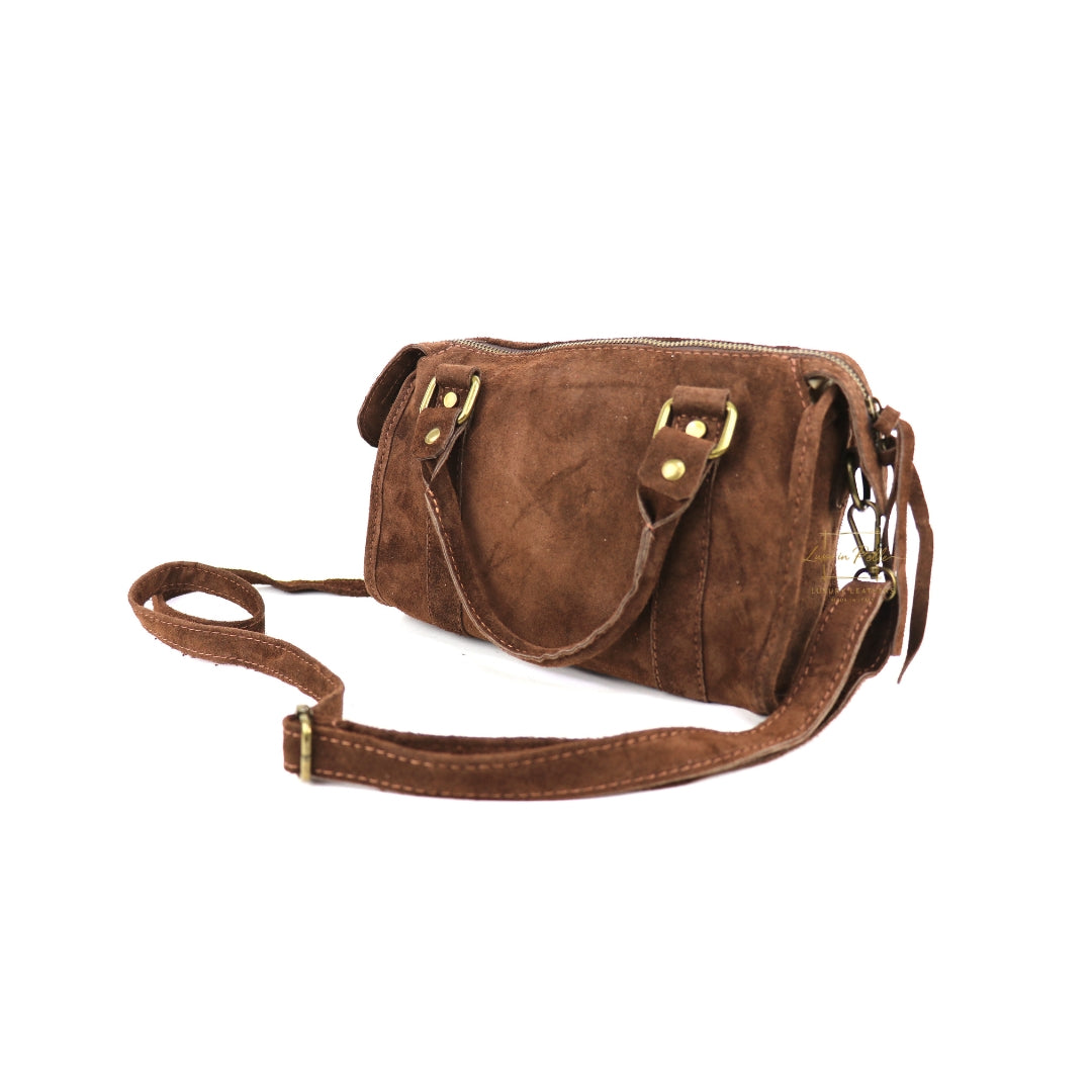 Small Suede Top Handle Crossbody Bag – Soft Genuine Leather Handbag with Detachable Strap
