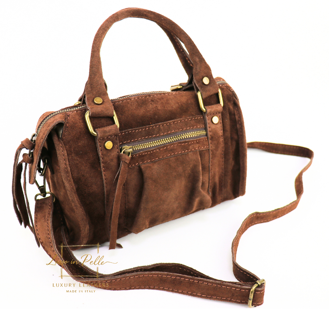 Small Suede Top Handle Crossbody Bag – Soft Genuine Leather Handbag with Detachable Strap