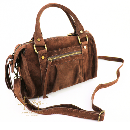 Small Suede Top Handle Crossbody Bag – Soft Genuine Leather Handbag with Detachable Strap