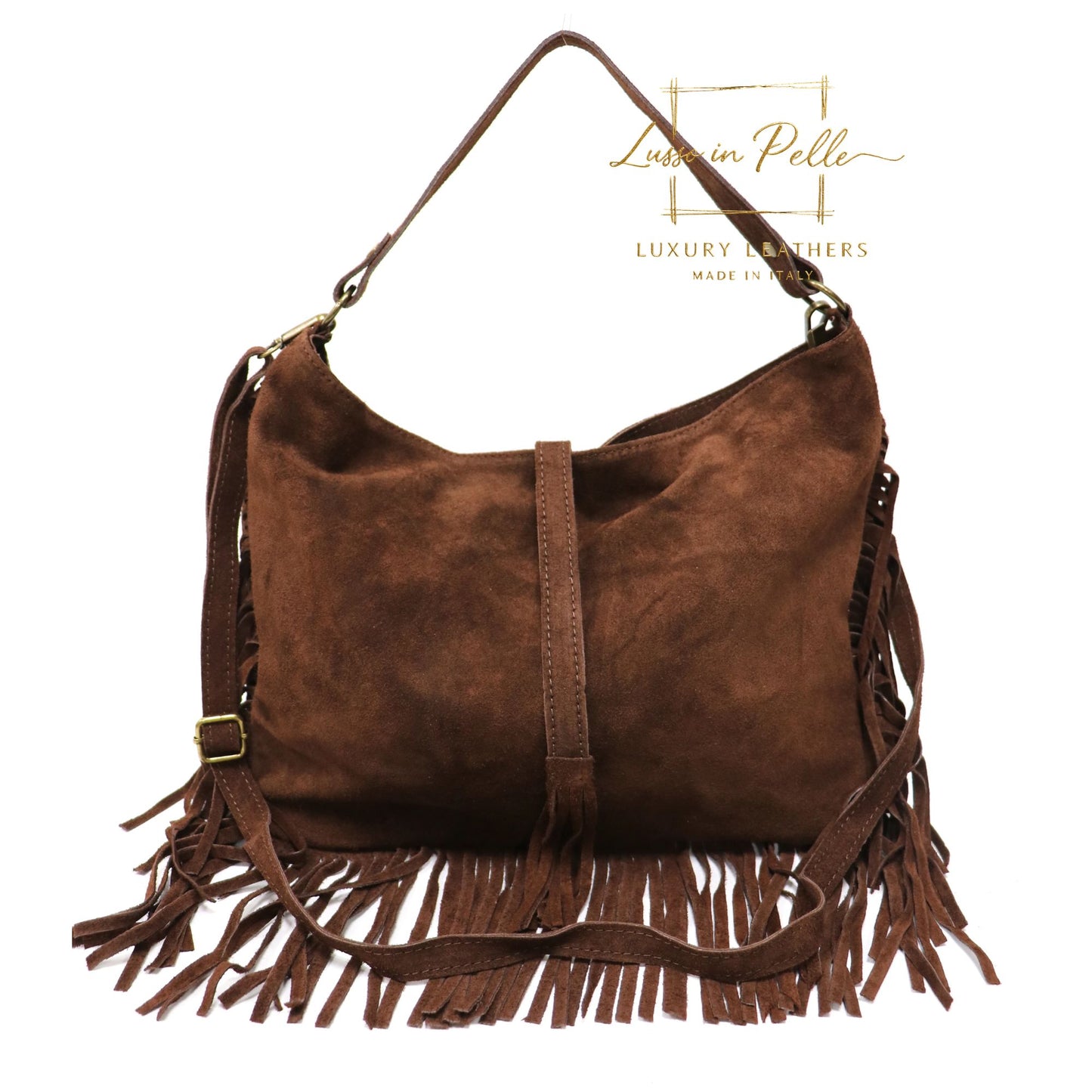 Large Suede Fringe Bag with Shoulder and Crossbody Straps: Handmade Genuine Italian Cowhide Suede Purse