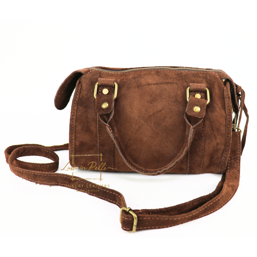 Small Suede Top Handle Crossbody Bag – Soft Genuine Leather Handbag with Detachable Strap
