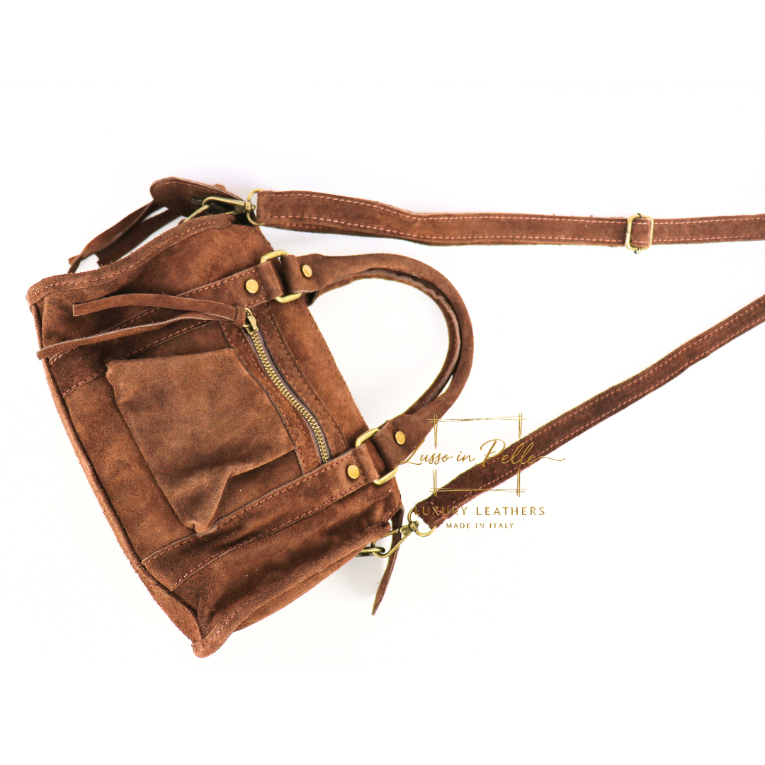 Small Suede Top Handle Crossbody Bag – Soft Genuine Leather Handbag with Detachable Strap