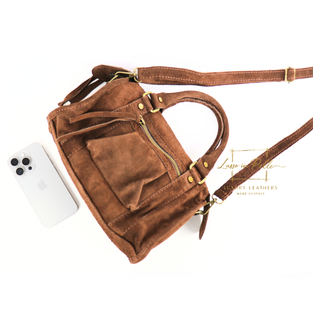 Small Suede Top Handle Crossbody Bag – Soft Genuine Leather Handbag with Detachable Strap