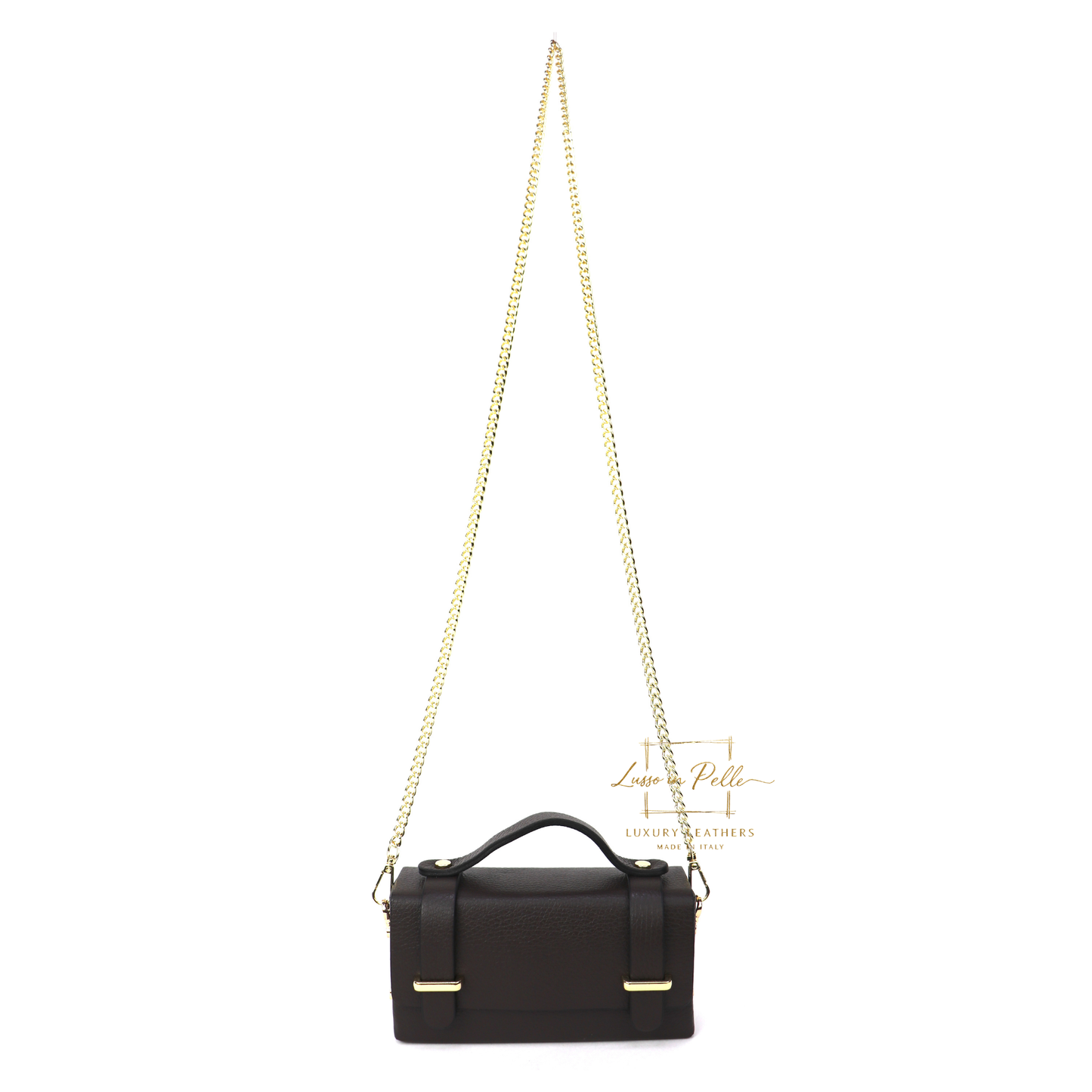 Small Genuine Leather Satchel Bag with Top Handle and Chain Straps