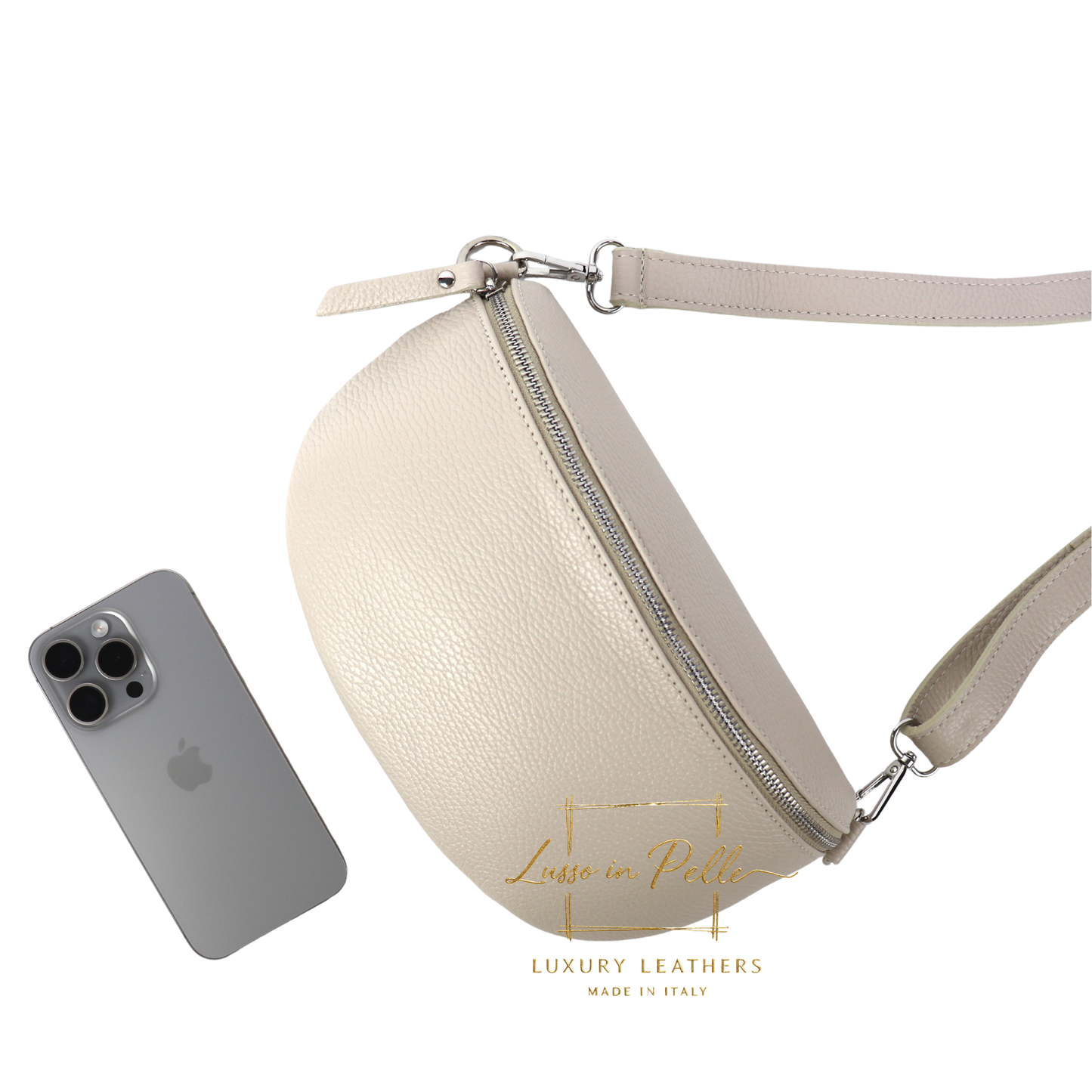 Medium Genuine Grain Leather Bumbag with Silver Hardware