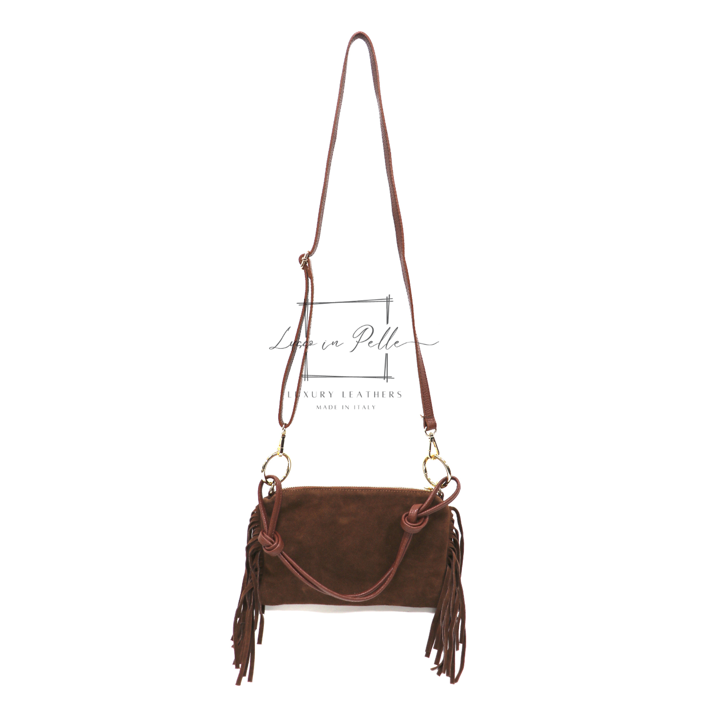Small Italian Suede Fringe Bag with Shoulder and Crossbody Straps: Handmade Genuine Cowhide Suede Flat Purse