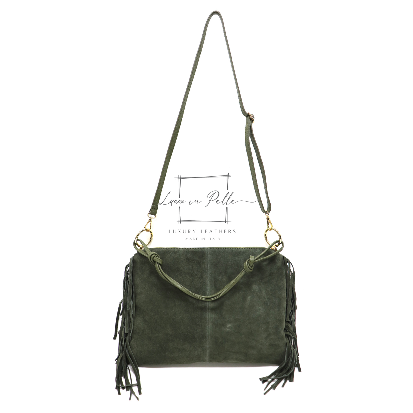 Medium Italian Suede Fringe Bag with Shoulder and Crossbody Straps: Handmade Genuine Cowhide Suede Flat Purse