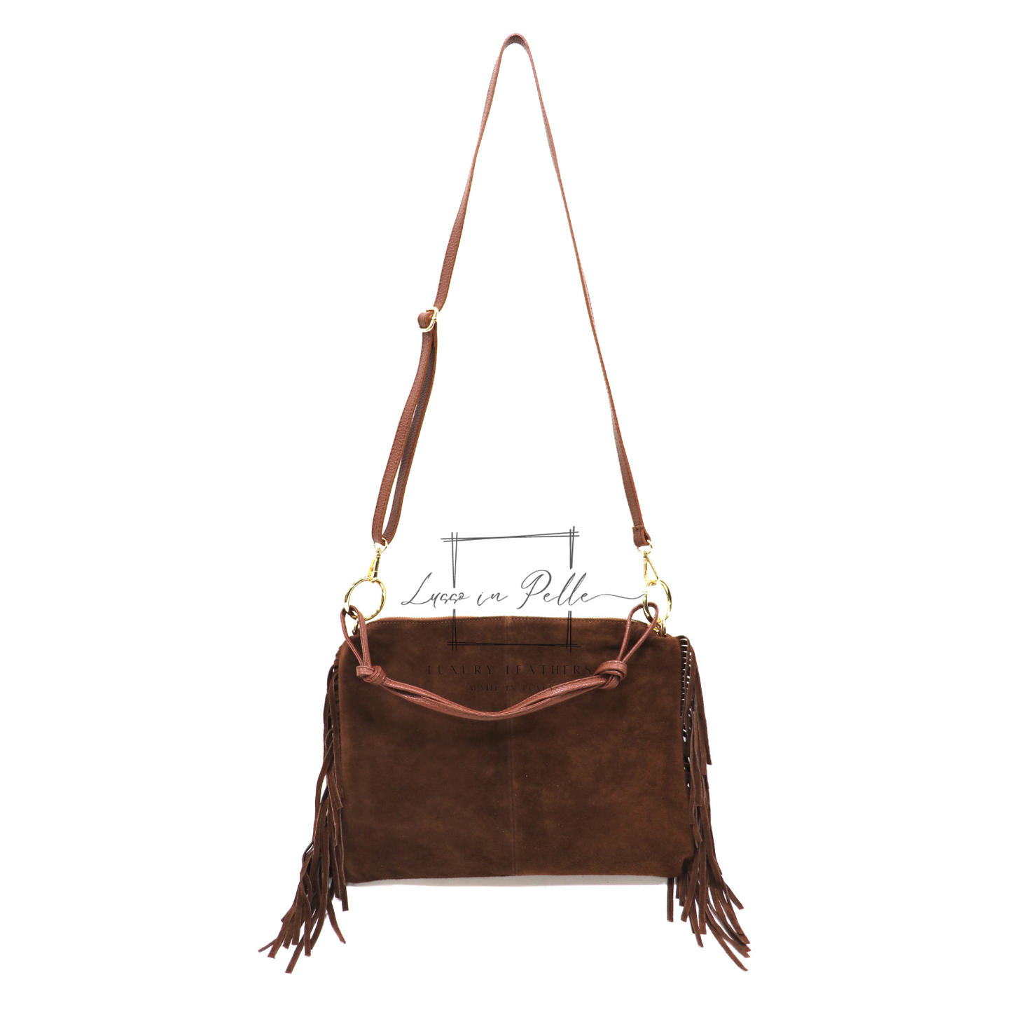 Medium Italian Suede Fringe Bag with Shoulder and Crossbody Straps: Handmade Genuine Cowhide Suede Flat Purse